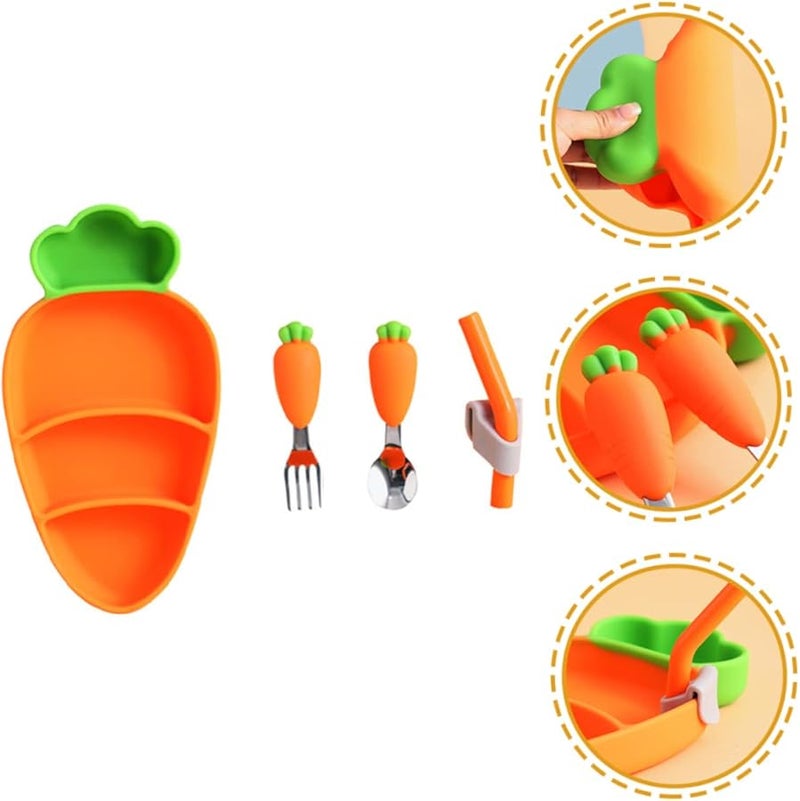 Silicone Carrot Shaped Baby Plate Set with Spoon Fork Straw High Temperature Resistant Feeding Utensils - Image 4